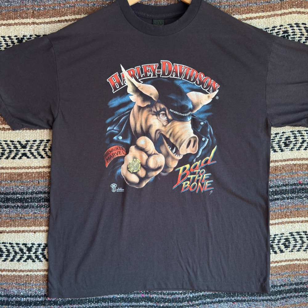 Harley Davidson 3D Emblem Bad to the Bone Pig T-Shirt XL 1987 Very Thin Reprint